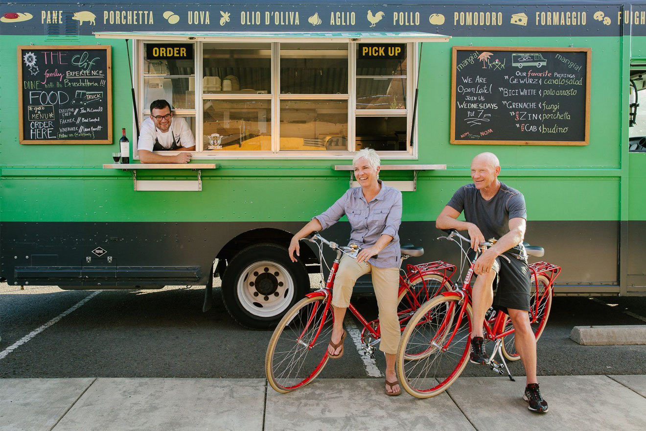Clif Family Winery, couple on bikes in front of food truck