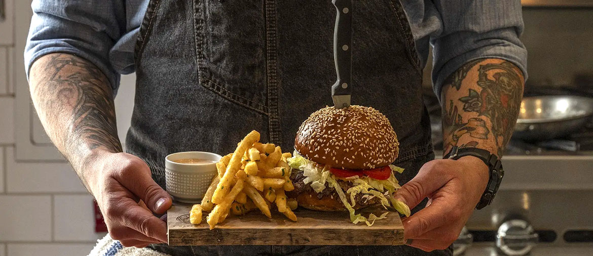 smash burger and fries from Kitchen at Priest Ranch in Yountville, CA