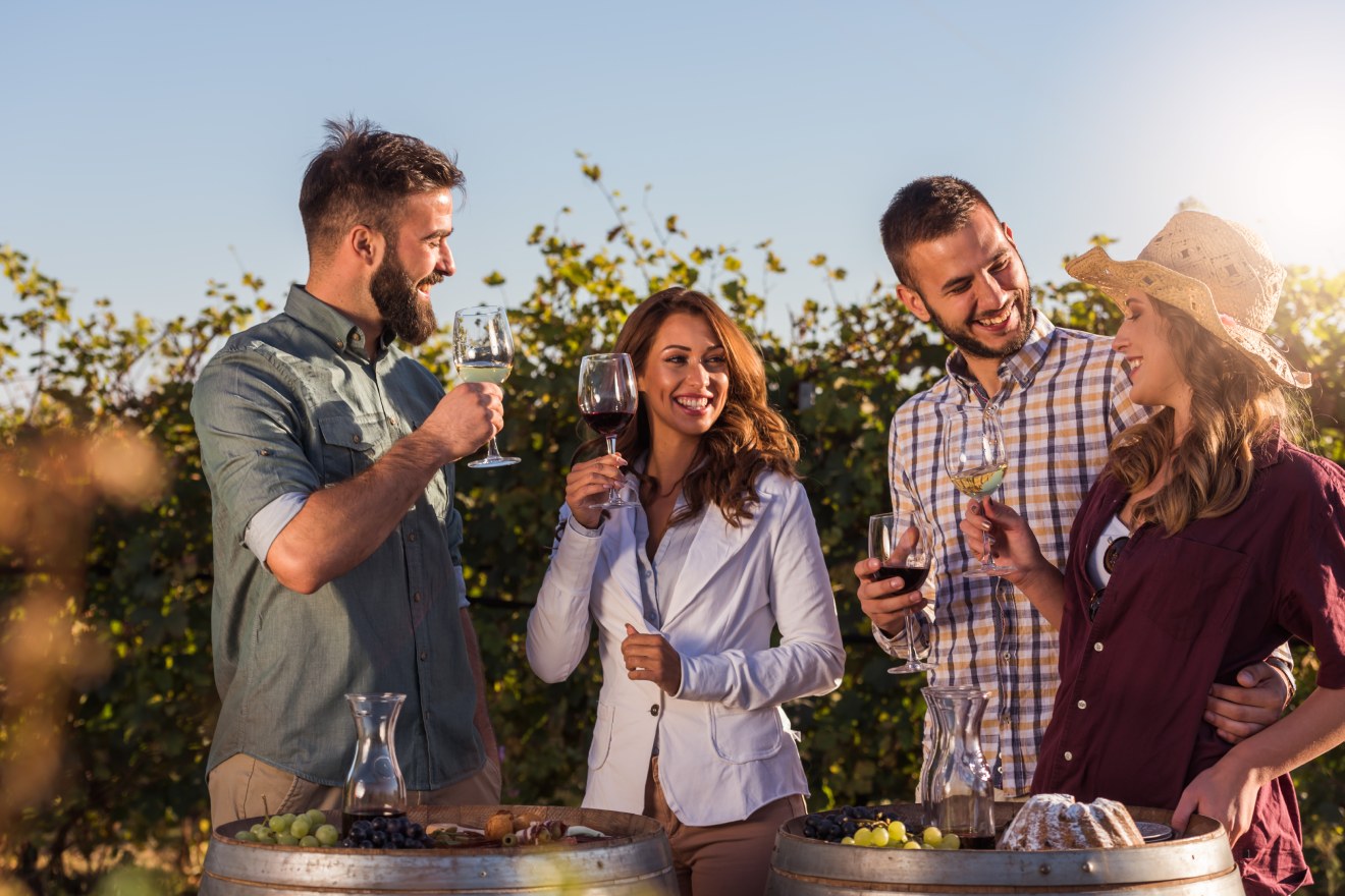 group of friends drinking wine outdoors